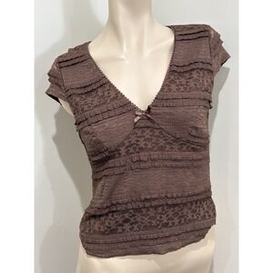 Thirty Thirty LA Brown Lace Tiered Cap Sleeve V-Neck Top Size Large Boho Bow
